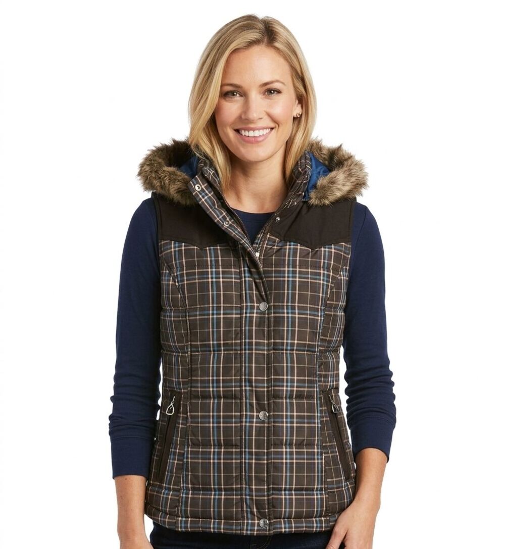 Ariat Women’s Plaid Quilted Puffer Vest S/P Small Faux Fur Trim Hood Brown Blue